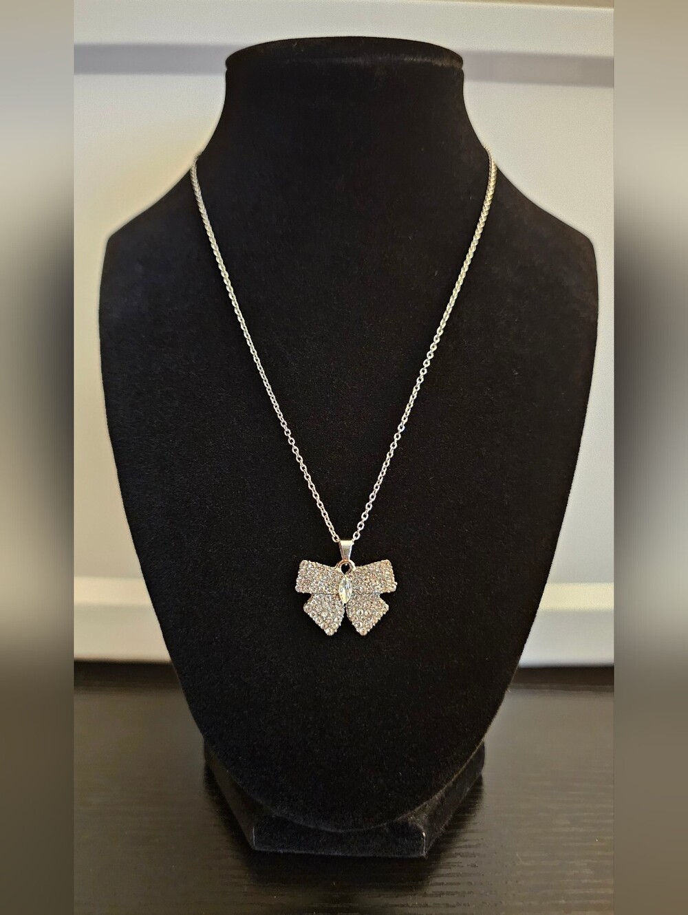Sparkling Bow Pendant Necklace - Silver Crystal Bow